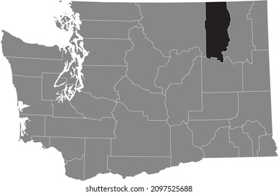 Black highlighted location map of the Ferry County inside gray administrative map of the Federal State of Washington, USA
