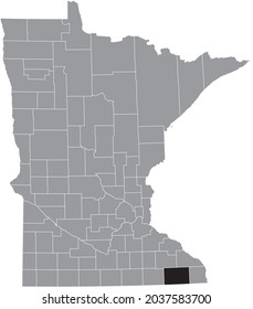 Black highlighted location map of the Fillmore County inside gray map of the Federal State of Minnesota, USA