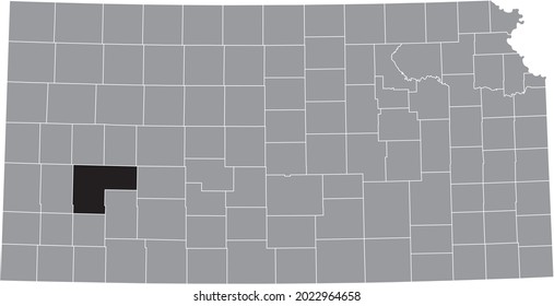 Black highlighted location map of the Finney County inside gray map of the Federal State of Kansas, USA