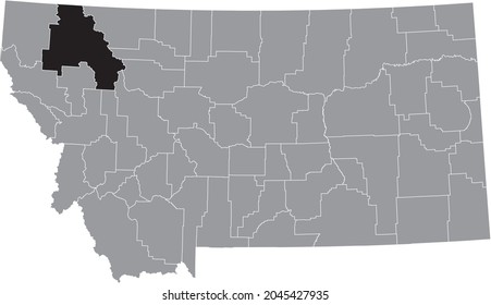 Black highlighted location map of the Flathead County inside gray map of the Federal State of Montana, USA