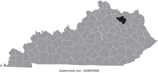 Black highlighted location map of the Fleming County inside gray map of the Federal State of Kentucky, USA