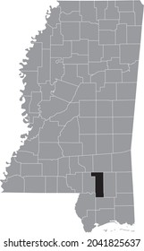 Mapa de ubicación resaltado en negro del Condado de Forrest dentro del mapa gris del Estado Federal de Misisipi, Estados Unidos