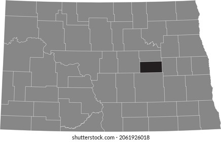 Black highlighted location map of the Foster County inside gray administrative map of the Federal State of North Dakota, USA