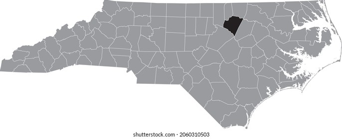Black highlighted location map of the Franklin County inside gray administrative map of the Federal State of North Carolina, USA