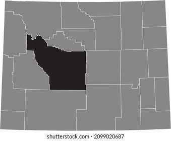 Black highlighted location map of the Fremont County inside gray administrative map of the Federal State of Wyoming, USA