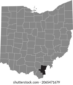 Black highlighted location map of the Gallia County inside gray administrative map of the Federal State of Ohio, USA