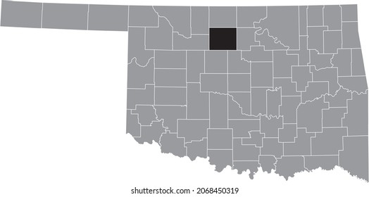 Black highlighted location map of the Garfield County inside gray administrative map of the Federal State of Oklahoma, USA