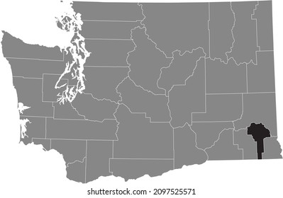 Black highlighted location map of the Garfield County inside gray administrative map of the Federal State of Washington, USA