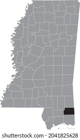 Black highlighted location map of the George County inside gray map of the Federal State of Mississippi, USA