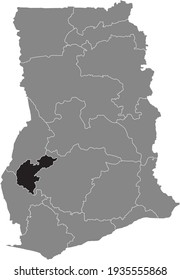 Black highlighted location map of the Ghanaian Ahafo region inside gray map of the Republic of Ghana