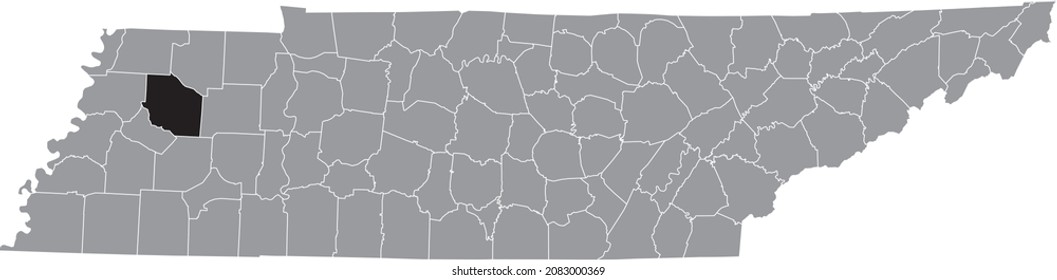 Black highlighted location map of the Gibson County inside gray administrative map of the Federal State of Tennessee, USA