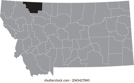 Black highlighted location map of the Glacier County inside gray map of the Federal State of Montana, USA