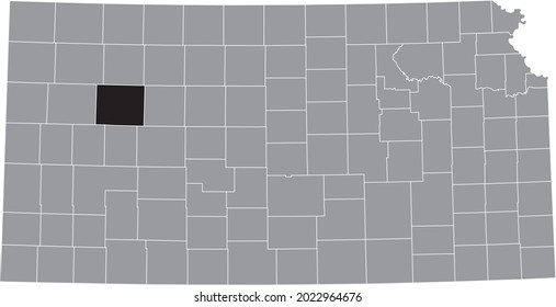 Black highlighted location map of the Gove County inside gray map of the Federal State of Kansas, USA