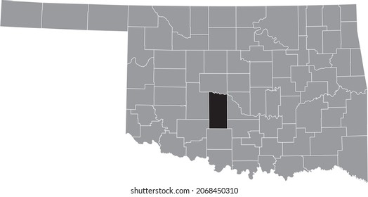 Black highlighted location map of the Grady County inside gray administrative map of the Federal State of Oklahoma, USA