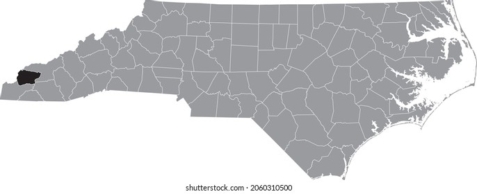 Schwarz hervorgehobene Standortkarte des Graham County in grauer Verwaltungskarte des Bundesstaates North Carolina, USA