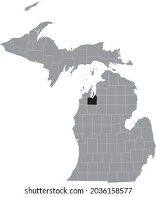 Black highlighted location map of the Grand Traverse County inside gray map of the Federal State of Michigan, USA