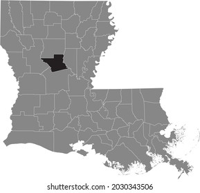 Black highlighted location map of the Grant Parish inside gray map of the Federal State of Louisiana, USA