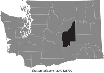 Black highlighted location map of the Grant County inside gray administrative map of the Federal State of Washington, USA