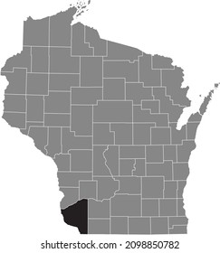 Black highlighted location map of the Grant County inside gray administrative map of the Federal State of Wisconsin, USA