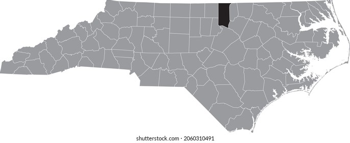Black highlighted location map of the Granville County inside gray administrative map of the Federal State of North Carolina, USA