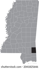 Black highlighted location map of the Greene County inside gray map of the Federal State of Mississippi, USA