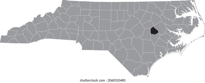 Black highlighted location map of the Greene County inside gray administrative map of the Federal State of North Carolina, USA