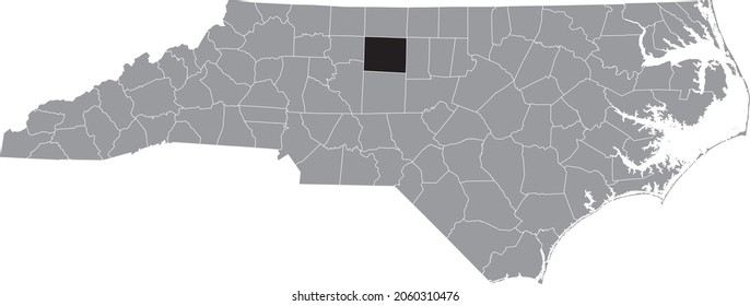 Black highlighted location map of the Guilford County inside gray administrative map of the Federal State of North Carolina, USA