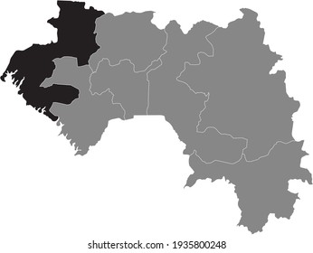 Black highlighted location map of the Guinean Boké region inside gray map of the Republic of Guinea