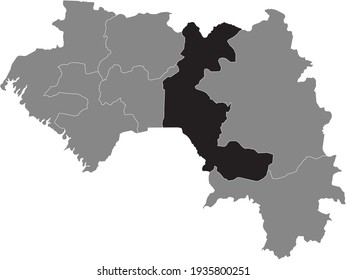 Black highlighted location map of the Guinean Faranah region inside gray map of the Republic of Guinea
