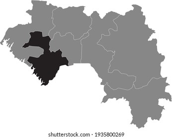 Black highlighted location map of the Guinean Kindia region inside gray map of the Republic of Guinea