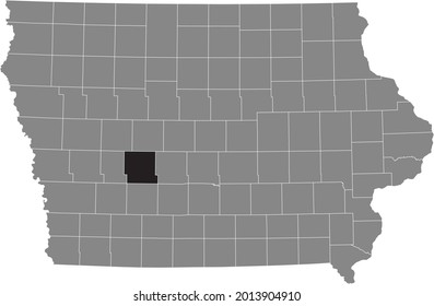 Black highlighted location map of the Guthrie County inside gray map of the Federal State of Iowa, USA