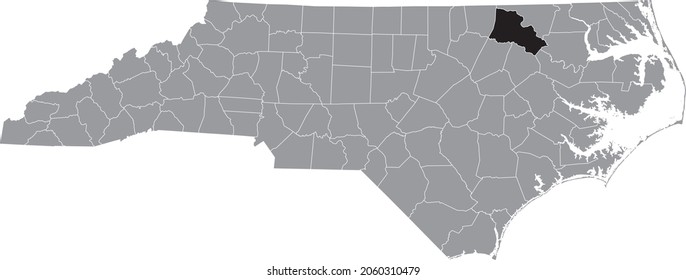 Mapa de ubicación resaltado en negro del condado de Halifax dentro del mapa administrativo gris del estado federal de Carolina del Norte, Estados Unidos