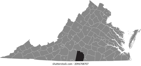 Mapa de ubicación resaltado en negro del condado de Halifax dentro del mapa administrativo gris del estado federal de Virginia, Estados Unidos
