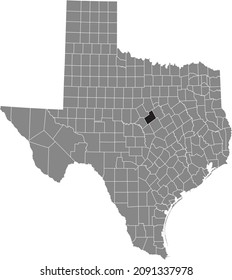 Black highlighted location map of the Hamilton County inside gray administrative map of the Federal State of Texas, USA