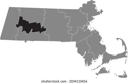 Black highlighted location map of the Hampshire County inside gray map of the Federal State of Massachusetts, USA