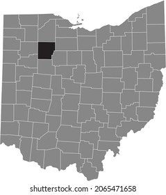 Black highlighted location map of the Hancock County inside gray administrative map of the Federal State of Ohio, USA