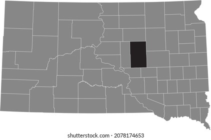 Black highlighted location map of the Hand County inside gray administrative map of the Federal State of South Dakota, USA