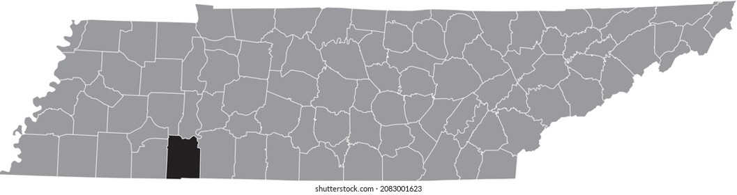 Black highlighted location map of the Hardin County inside gray administrative map of the Federal State of Tennessee, USA