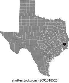 Black highlighted location map of the Hardin County inside gray administrative map of the Federal State of Texas, USA