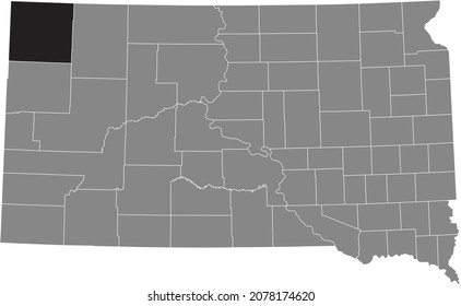 Black highlighted location map of the Harding County inside gray administrative map of the Federal State of South Dakota, USA