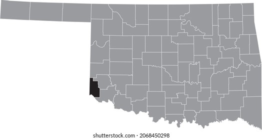 Black highlighted location map of the Harmon County inside gray administrative map of the Federal State of Oklahoma, USA