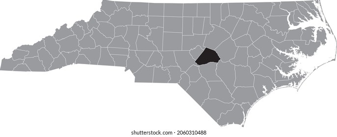 Black highlighted location map of the Harnett County inside gray administrative map of the Federal State of North Carolina, USA