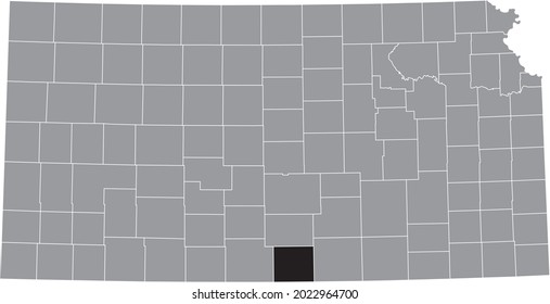 Black highlighted location map of the Harper County inside gray map of the Federal State of Kansas, USA
