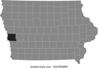 Black highlighted location map of the Harrison County inside gray map of the Federal State of Iowa, USA