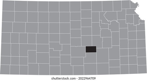 Black highlighted location map of the Harvey County inside gray map of the Federal State of Kansas, USA