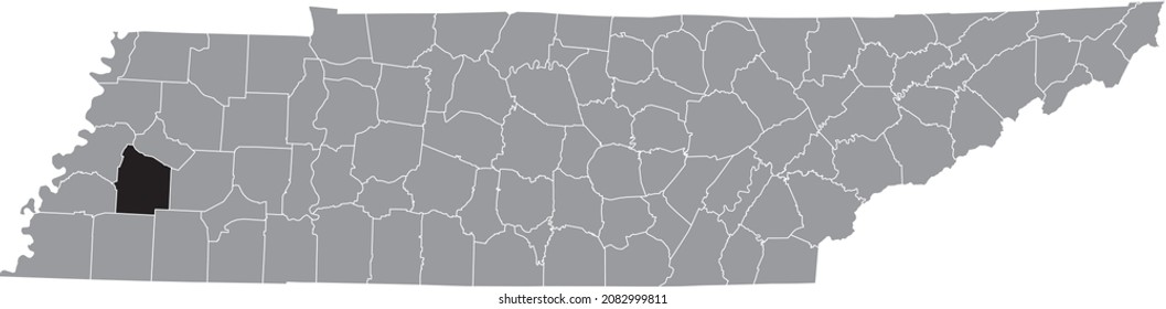 Black highlighted location map of the Haywood County inside gray administrative map of the Federal State of Tennessee, USA