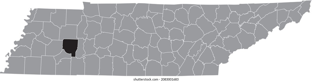 Black highlighted location map of the Henderson County inside gray administrative map of the Federal State of Tennessee, USA