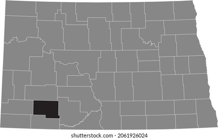 Black Highlighted Location Map Of The Hettinger County Inside Gray Administrative Map Of The Federal State Of North Dakota, USA