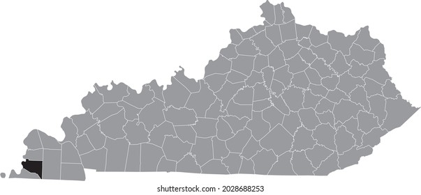 Black highlighted location map of the Hickman County inside gray map of the Federal State of Kentucky, USA