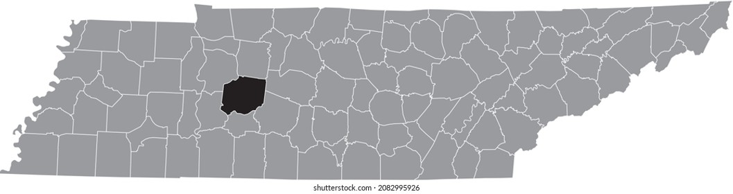 Black highlighted location map of the Hickman County inside gray administrative map of the Federal State of Tennessee, USA